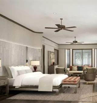Deluxe room with ceiling fan and timber floors at JW Marriott Phuket Resort & Spa