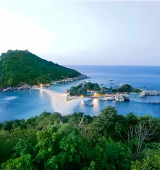 Aerial view of Koh Nang Yuan and its sandbar at dusk at Nangyuan Island Dive Resort