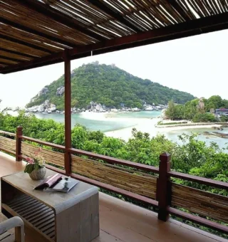 Covered balcony overlooking the island and sandbar at Nangyuan Island Dive Resort
